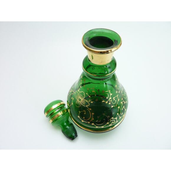 Vintage Green with Gold Accents Glass Bohemian Decanter Potion Bottle - Picture 3 of 5